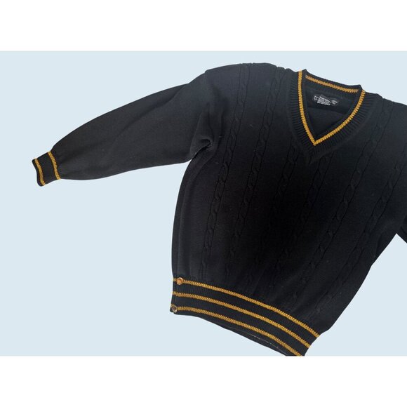 Vintage COUNTERPARTS Black Cable Knit Gold Trim V Neck Sweater 80s / 90s Size M - Picture 5 of 8